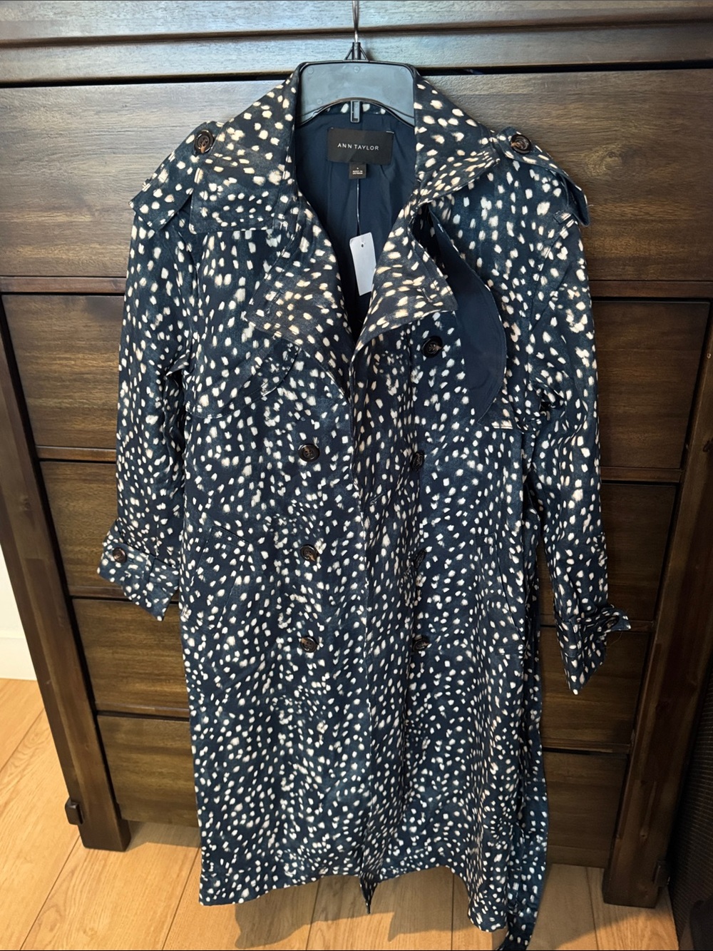 Ann Taylor Navy and White Dotted Trench Coat